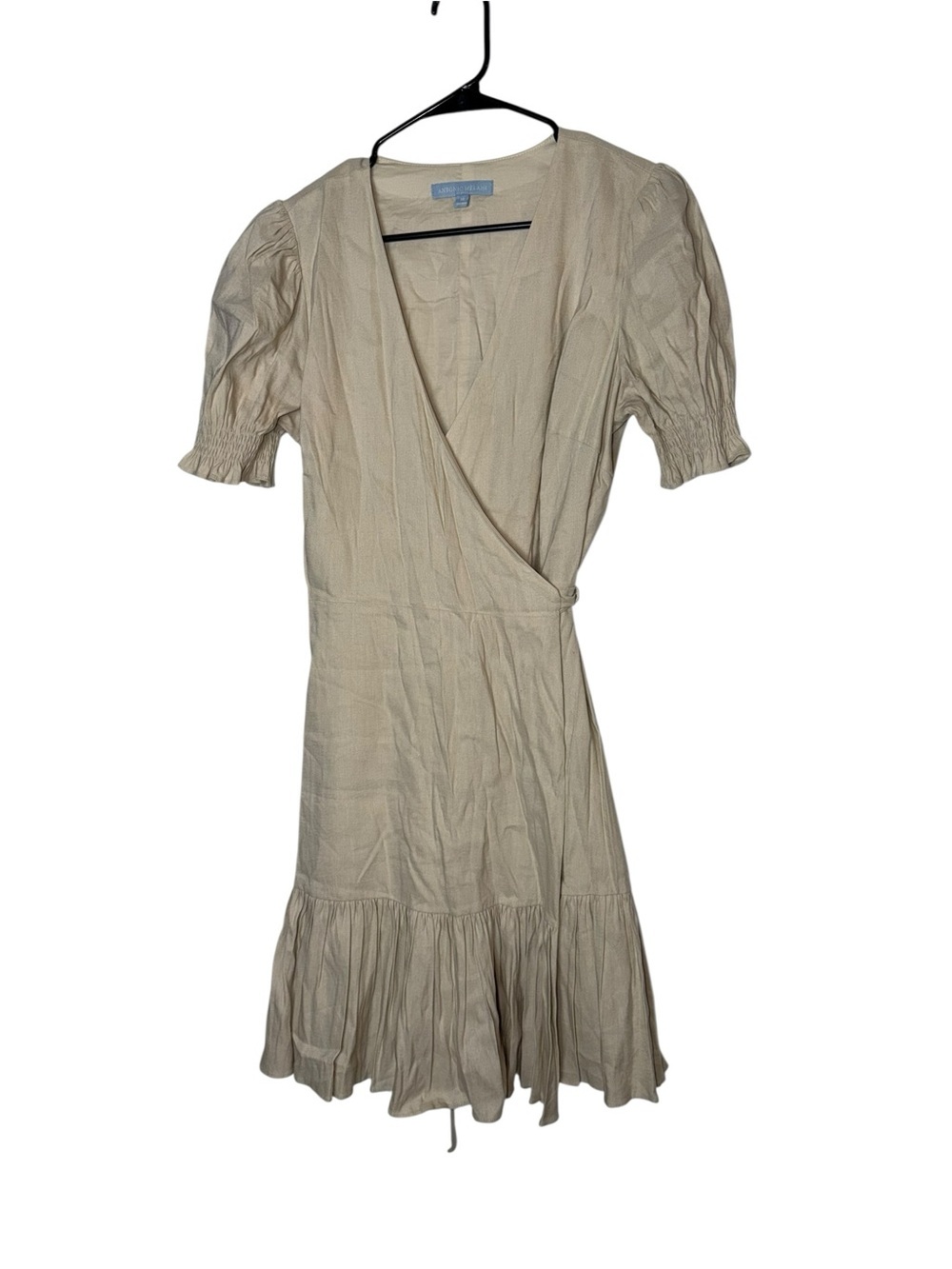 ANTONIO MELANI Beige Wrap Mini Dress with Puff Sleeves - Picture 2 of 6